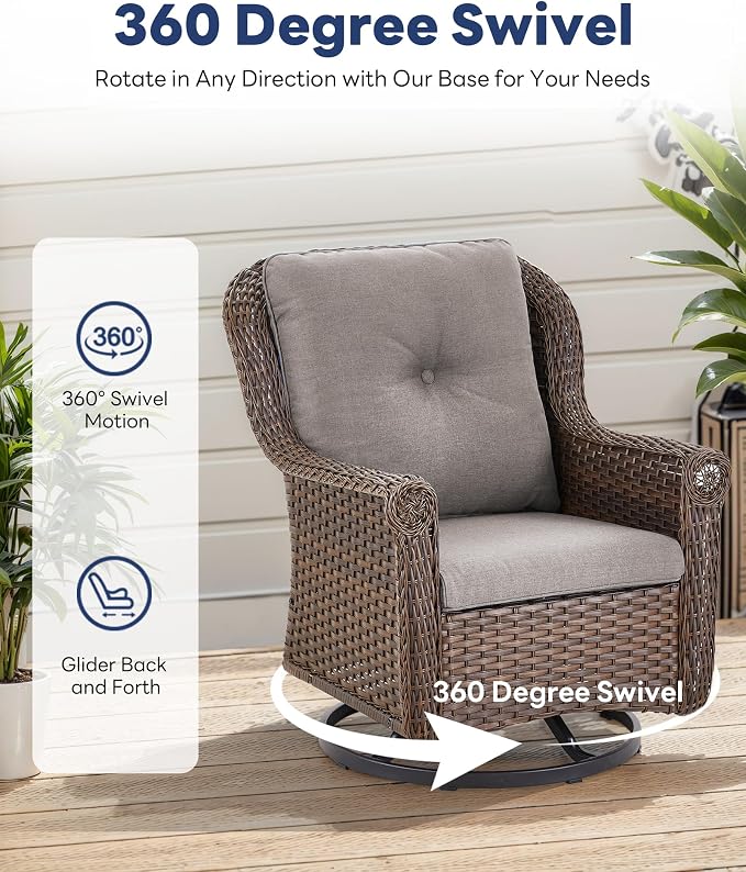 Patio Swivel Chairs Set of 2-High Back Swivel Rocker Outdoor Chair Patio Chair for Deck Porch Lawn Garden Backyard-Brown/Grey