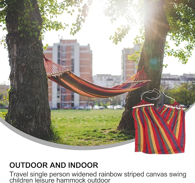 minkissy Single Person Rainbow Striped Leisure Hammock for Travel and Outdoor Use, Wide Canvas Cotton Material with Anti-tip Design, Portable Crimson Seat Suitable for Camping and Garden