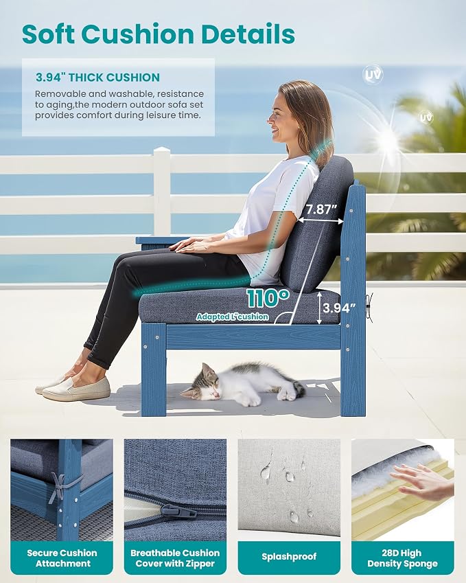SERWALL 9 Pieces Patio Conversation Set, All-Weather HDPE Outdoor Sectional Sofas with Removable Cushions and Coffee Table, Extra-Large Modular Furniture Set for Backyard, Blue Frame with Grey Cushion