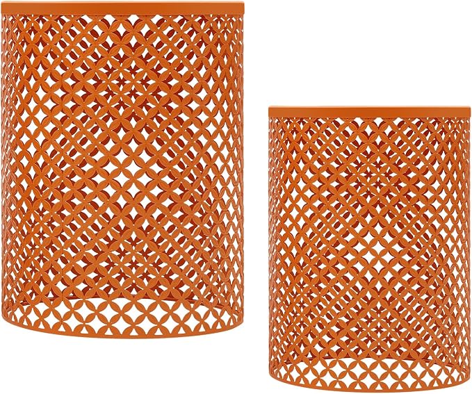 2 Pcs Metal Outdoor Side Table Set, Space-Saving Accent Table with Vintage Openwork Design, Modern Round End Table for Patio, Balcony, Living Room (Orange)