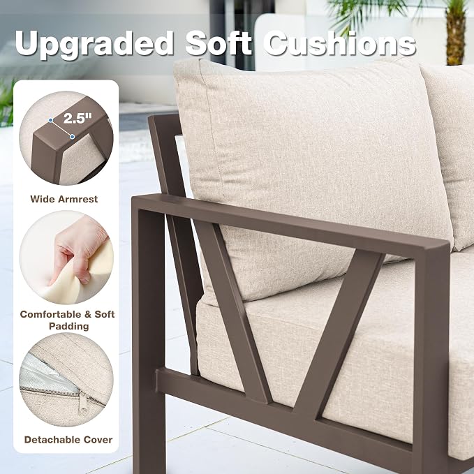 Outdoor Furniture Set, 6 Pieces Outdoor Patio Couch Sectional, L Shaped Metal Outdoor Patio Corner Sofa with 6” Thick Cushions, Outdoor Seating Conversation Set, Upgrade Beige