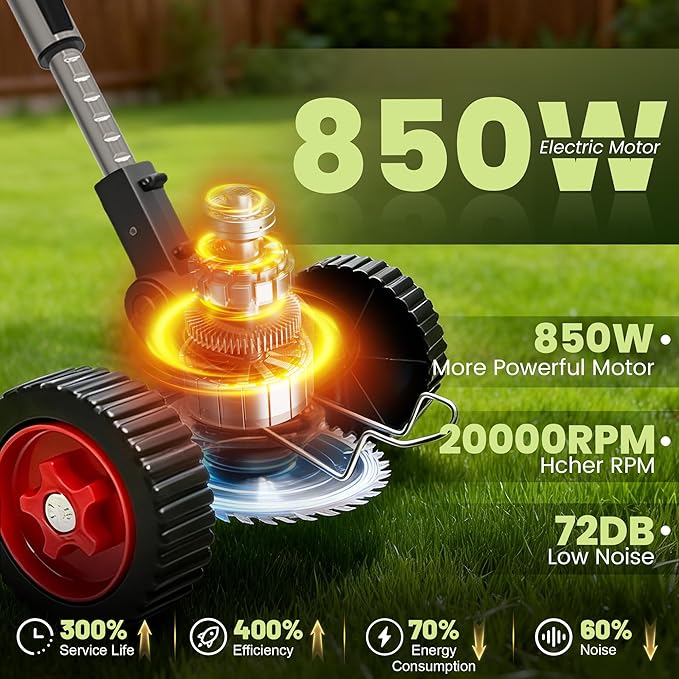 Electric Weed Wacker Cordless Eater, 21V String Trimmer Battery Powered, 3 in 1 Lightweight Grass Trimmer/Brush Cutter/Edge, 4 Types Blade, Weed Trimmer with Wheels for Lawn Yard Garden