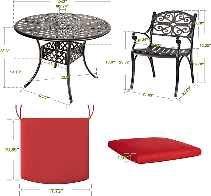 NUU GARDEN 5 Piece Outdoor Patio Dining Set, 42" Cast Aluminum, Round Patio Dining Table with 2.24" Umbrella Hole and Patio Dining Chairs with Cushions for Garden, Balcony, Bronze and Red