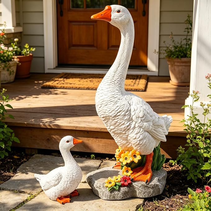 Porch Goose Garden Statue 2 Pack, Mom and Baby Goose Garden Decor, 20 Inches High Goose Statue, Big Resin Yard Decor, Outdoor Geese Figurine for Patio,Porch,Yard,Lawn Ornament, Gifts for Mom