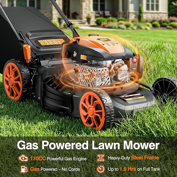 21” Self Propelled Lawn Mower Gas, 170CC 4-in-1 Mulch/Rear Bag/Side Discharge/Rear Discharge, Walk-Behind Gas Lawnmower with 7-Position Cutting Height, Foldable Gas Powered Lawn Mowers for Yard Garden