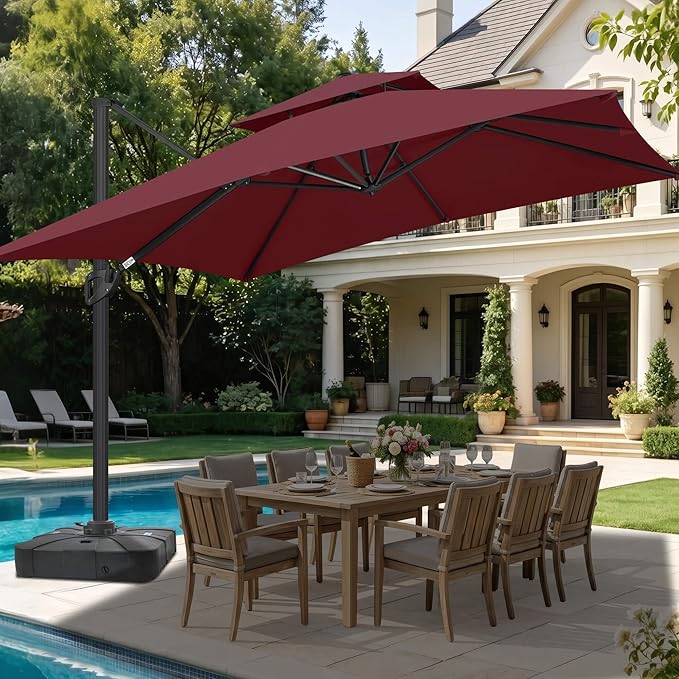 FLAME&SHADE 8.2 X 8.2 FT Square Cantilever Patio Umbrella - Large Offset Umbrella Outdoor Patio with 360-Degree Rotation and 3-Year Fade Resistance Fabric for Deck Pool Backyard Garden, Burgundy