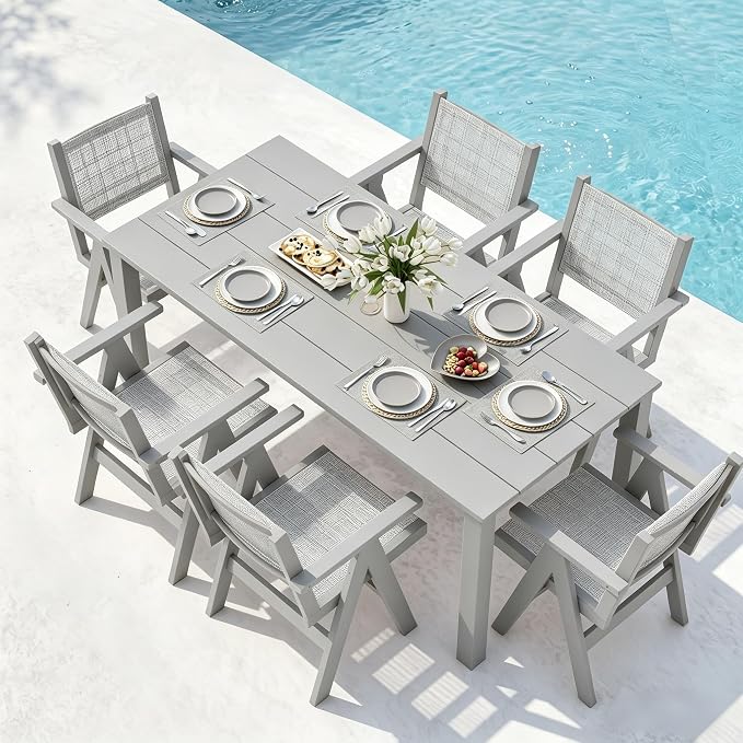 Outdoor Dining Table Set, 7 Piece HDPE Patio Set with Aluminum Dining Table & 4 Textilene Chairs, 69" Outdoor Table with Umbrella Hole for Deck, Lawn, Light Grey