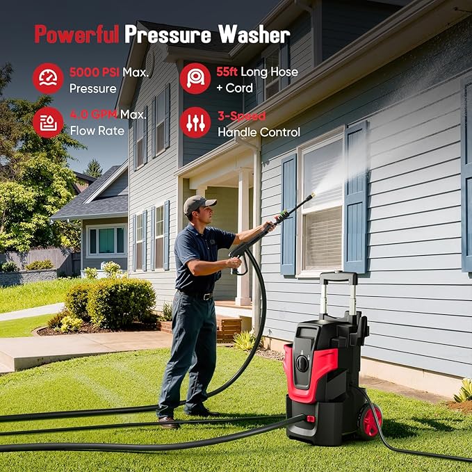 5000PSI Heavy Duty Pressure Washer, 3-Speed Adjustable Power Washer with 2-Stage Pull Rod, 4 Nozzles, Foam Cannon & 500ml Soap Bottle for Car, Home & Outdoor Cleaning,Red