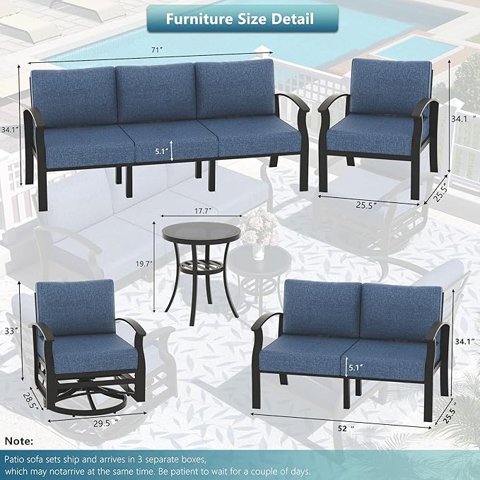Aluminum Outdoor Patio Furniture Set,5 Pieces 5 Seats Metal Patio Sectional Furniture Set,Patio Conversation Sets with 45" Propane Fire Pit Table,Swivel Rocking Chairs Set,Navy Blue