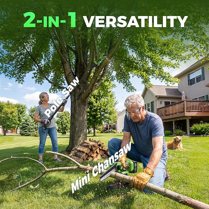 2-in-1 Cordless Pole Saw & Mini Chainsaw 20V 3.0Ah*2 8-Inch 15FT Reach Electric Tree Trimmer Battery Powered Chainsaw with Extension Pole for Tree Trimming Branch Cutting Pruning