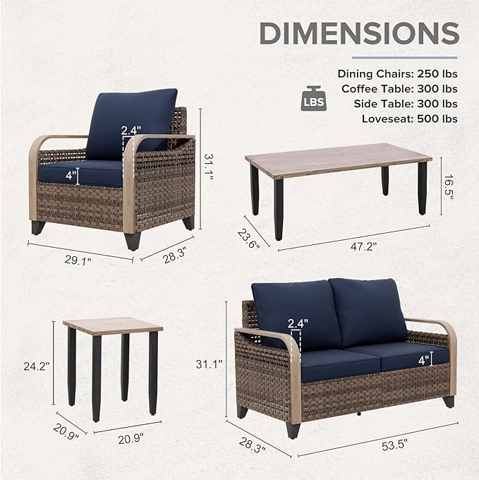 COOS BAY Modern Wicker Outdoor Furniture Set, 5 Piece Patio Conversation Set with 2 Patio Chairs, a Loveseat, Coffee Table and Side Table, 5 Piece, Brown/Blue