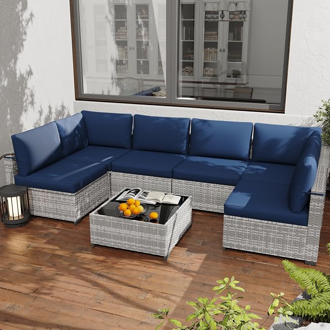 KIGOTY Patio Furniture Set,7 Pieces Modular Outdoor Sectional Sofa, PE Rattan Patio Conversation Set, All Weather Wicker Patio Furniture with Cushions and Coffee Table（Grey White/Dark Blue）