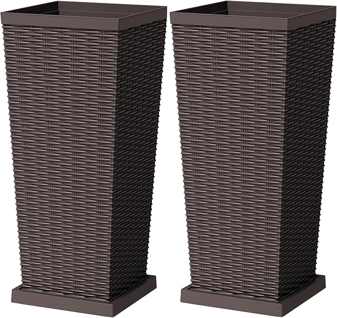 Greesum 30 Inch Tall Plastic Planters with Detachable Inner Pot & Drainage Holes (Set of 2), Extra Large Outdoor Flower Pots for Large Plants, Trees, Patio, and Garden, Brown