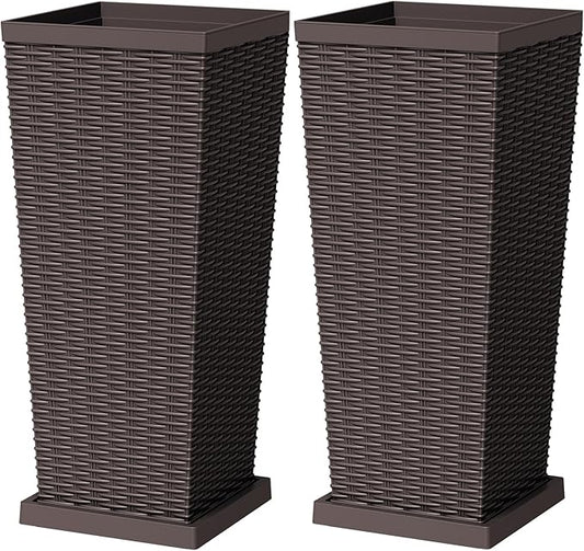 Greesum 30 Inch Tall Plastic Planters with Detachable Inner Pot & Drainage Holes (Set of 2), Extra Large Outdoor Flower Pots for Large Plants, Trees, Patio, and Garden, Brown