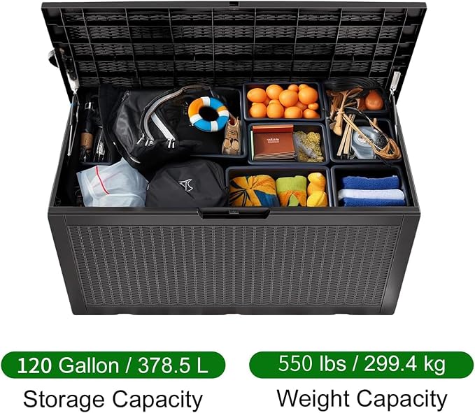 Vixzen 120 Gallon Deck Boxes Outdoor Waterproof, Resin Lockable Storage Box for Patio Cushions Storage Furniture, Garden Tools, Pool Supplies, Weatherproof and UV Resistant (Black, 120 Gallon)
