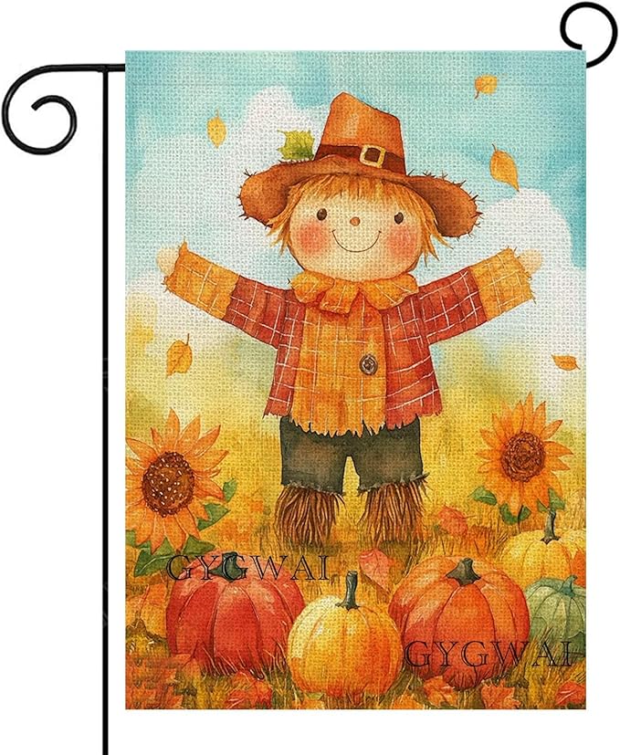 Fall Scarecrow Garden Flag 12x18 Double Sided, Small Burlap Autumn Pumpkin Thanksgiving Farmhouse Yard Decoration for Outside