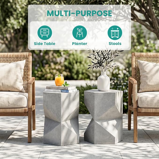 SUNBURY Outdoor Side Table, 18" Hexagon End Table Gloss Finish w Geometric Pedestal, Patio Concrete Accent Table Modular Design Decor, Lightweight Garden Stools for Balcony, Porch, Living Room, Grey