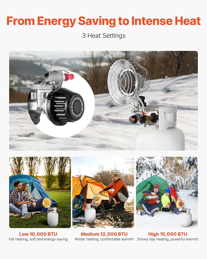 VEVOR Propane Tank Top Heater with Portable Trolley, 15000 BTU Rapid Heating 180-Degree Infrared Radiant Tank Top Gas Heater for 20-40lb Propane Tanks, for Ice Fishing/Hunting/Outdoor Single Burner