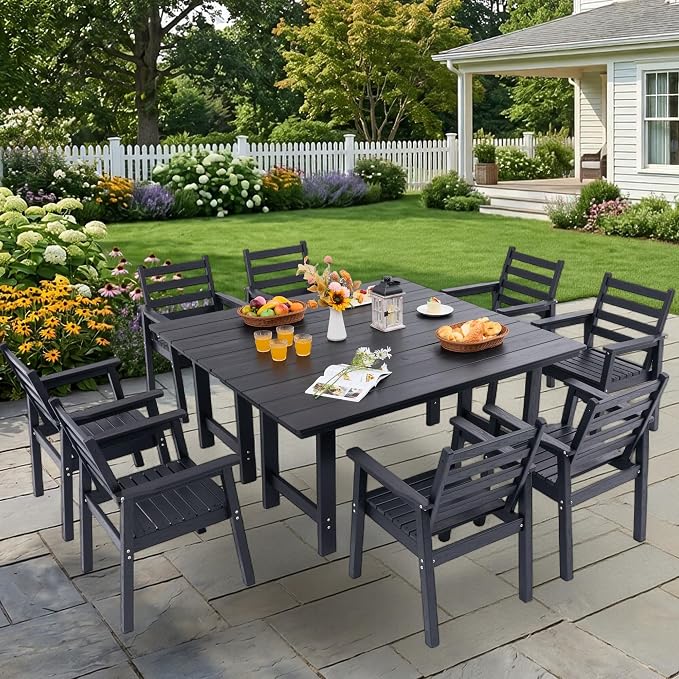 10-Piece Outdoor Dining Set, All-Weather HDPE Patio Furniture, Two 66.5" Slatted Table with 1.6" Umbrella Hole & 8 Ergonomic Armchairs, Heavy Duty 350lbs Capacity, UV Resistant, Black