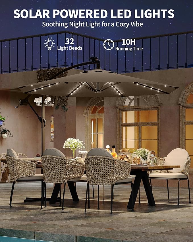 10FT Cantilever Patio Umbrella with Solar LED Lights - Heavy Duty 2-Tier Square Aluminum Offset Outdoor Umbrella, 360° Rotation for Poolside, Backyard, Deck Outdoor Use, Tan