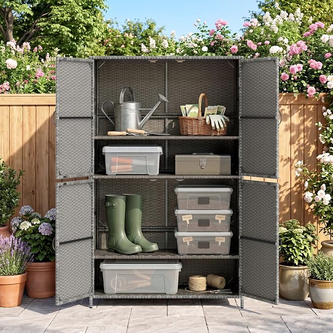 Tangkula Rattan Outdoor Storage Cabinet, Patiojoy Outdoor Cabinet with 2 Adjustable Shelves, 4 Doors, Patio Storage Deck Box Table for Patio Garden Poolside