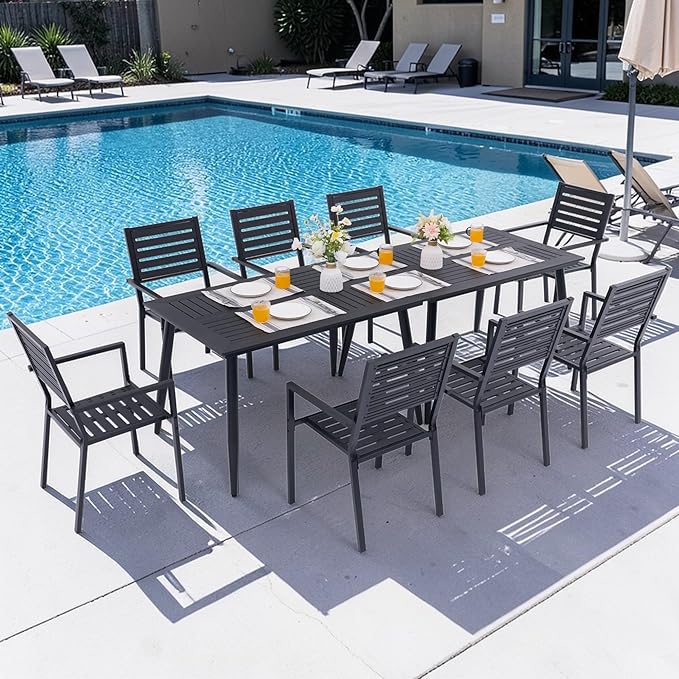 10-Piece Outdoor Dining Set - Two 47.25" HDPE Patio Tables and 8 Stackable Armrest Chairs - All-Weather Rust-Proof Steel Frame for Garden, Deck(Black)
