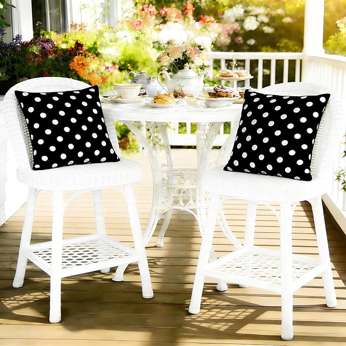 SquarePie Pack of 2 Outdoor Pillow Covers, Waterproof Decorative Throw Pillowcase Shell, Garden Cushion Shams Cases for Spring Patio Couch Balcony Bench,18x18 inch Black Polka Dot
