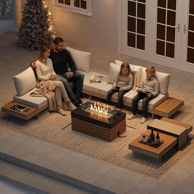 homary Patio Conversation Sets with Fire Pit-Modular Outdoor Sofa Aluminum & Teak Sofa Set with Glass Wind Guard Ideal for Patios & Balconies, Light Gray