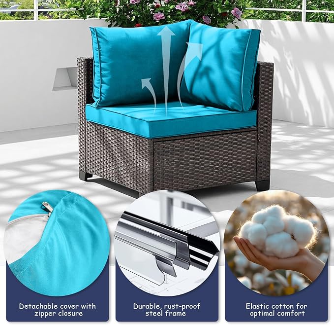 7-Piece Outdoor Patio Furniture Set, Brown PE Rattan Sectional Sofa with Turquoise Cushions and Steel Frame, Coffee Table Included, Modular Outdoor Conversation Set for Patio Garden Poolside