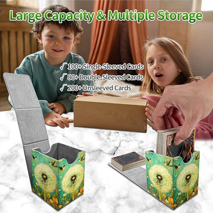 Deck Box for MTG, Cards Storage Box Fits 120+ Sleeved, Leather Medium Size Strong Magnetic Closing Card Case for Board Games Magic TCG CCG Baseball Collection, Blue Dandelion