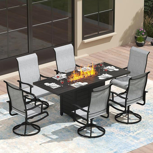 PIZZELLO 7 Pieces Patio Furniture Set w/ 60" Gas Fire Pit Table and 6 Patio Swivel Dining Chairs, Outdoor Conversation Set 50,000 BTU Aluminum Propane Fire Pit Patio Chairs Set of 6 for Backyard