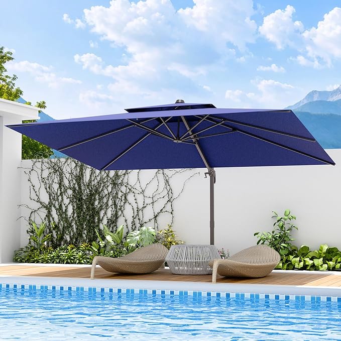 10x13 FT Patio Umbrella, Large Cantilever Rectangular Double Top Heavy Duty Offset Umbrellas with 360° Rotation, Outdoor shade for Garden Deck Pool Patio, Navy