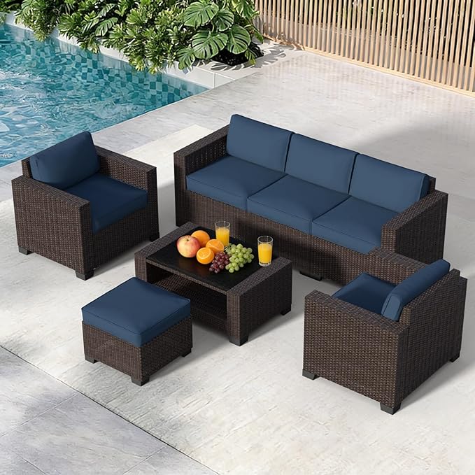 7 Pieces Patio Furniture Set Wicker Outdoor Furniture All-Weather Outdoor Sofa with Thick Cushions & Coffee Table Patio Conversation Set for Lawn, Balcony, Deck, Poolside, Darkbrown&Prussian Blue