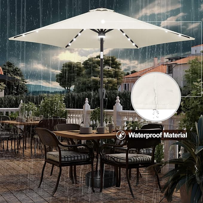 FLAME&SHADE 10ft Solar Outdoor Umbrella - 24 LED Lighted Patio Umbrella with Centre Surround Light, Table Umbrellas with Tilt & Crank for Pool, Porch, Garden, Deck, Backyard UV Protection (Ivory)