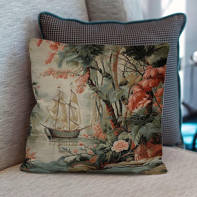 Moore Manor Antique Chinoiserie Pillowcase Vintage Boats and Flowers Throw Pillow Cover Retro Decorative Cushion Cases Home Decor for Patio Couch Sofa Office 18x18 in