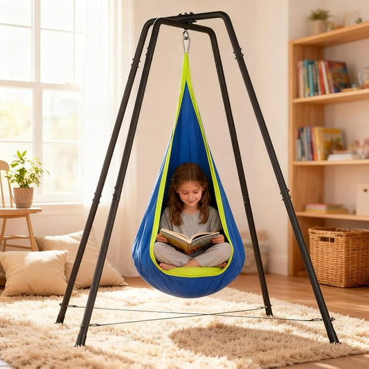 Hammock with Stand for Outside,X-Shaped Anti-Tip Base,Sensory Pod Nest for Kids,Heavy-Duty Steel Frame, Stable Secure 330LBS Support,Indoor Outdoor Cozy Chair,Adults Relax,Bedroom Patio Garden,Blue