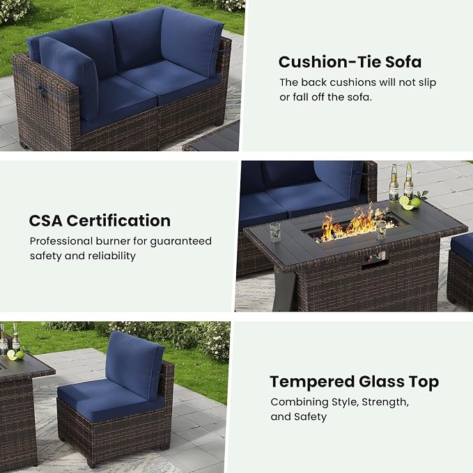 Soohow 8 Piece Patio Furniture Set with 44" Fire Pit Table, Outdoor Sectional Wicker Rattan Conversation Set for Garden, Porch, Backyard - Navy Blue Cushions
