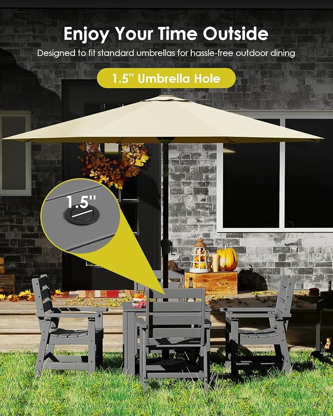 GREENVINES 5-Piece-Outdoor-Dining-Set | HDPE | Square | Patio Furniture | Table and Chairs Sets for 4 | All Weather | Umbrella Hole | for Backyard Poolside Garden | QuadraLuxe | Grey