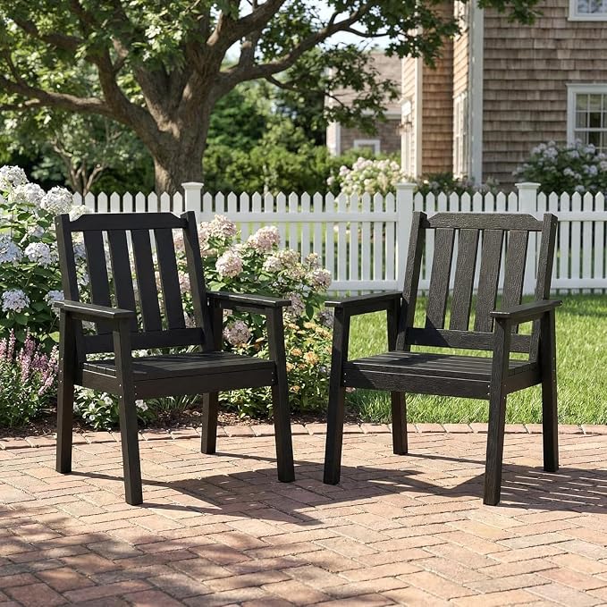 GarveeLife Outdoor Dining Chairs Set of 2, HDPE Patio Chairs 650LBS Capacity All-Weather Yard Armchair with Slatted Seat, 23.9" Wide Heavy Duty Modern Backyard Furniture for Garden, Poolside, Deck