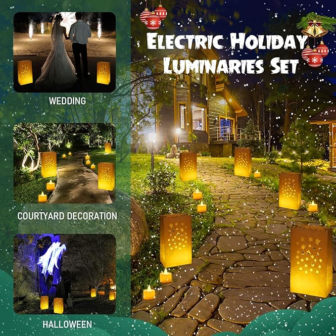 Sabary 50 Sets Luminary Bags with Flameless Tea Lights Outdoor Luminaries LED Lantern Candle Bags for Wedding Birthday Ramadan Christmas Party Decorations Romantic Decor(Star)