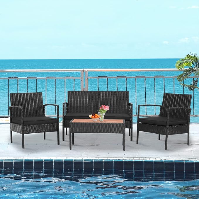 Tangkula 8 Piece Patio Rattan Conversation Set, Outdoor Wicker Sofa Furniture with Loveseat & 2 Single Chairs, Acacia Wood Tabletop, Outside Sectional for Poolside, Deck, Garden (2, Black)