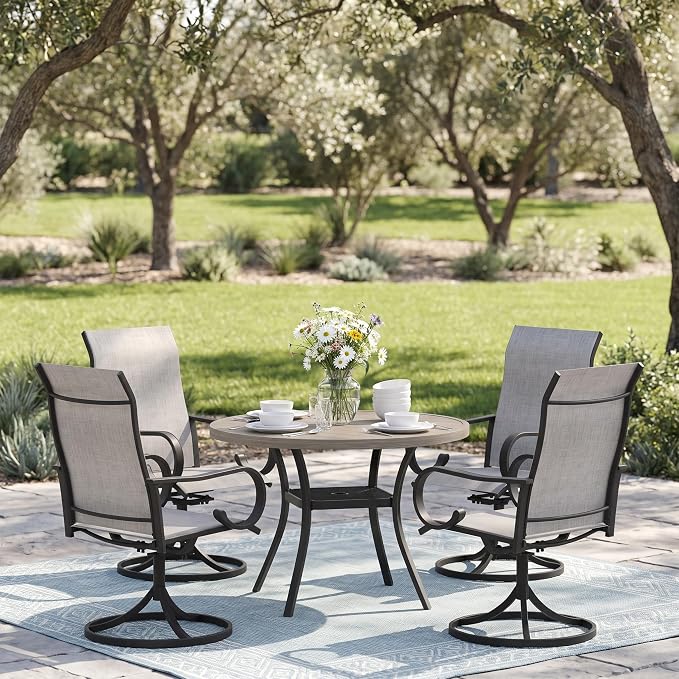 5 Pieces Patio Dining Set, 4 Outdoor Swivel Dining Chairs with 40.6" Round Metal Outdoor Dining Table with Umbrella Hole for Garden Backyard Deck, Grey