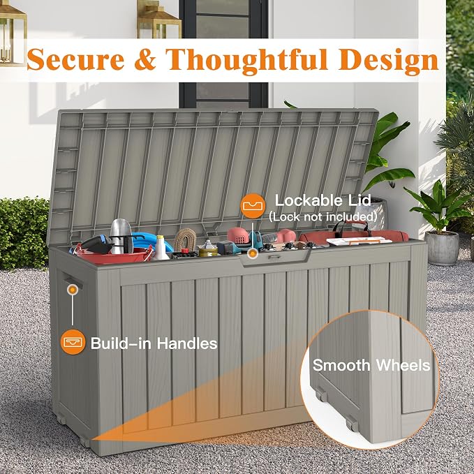Outdoor Storage Box, 75 Gallon Waterproof Deck Boxes, Resin, Lockable Pool Deck Box for Garden Tools, Patio,Pool Accessories, Cushions, Large Delivery Boxes with Handle，Weatherproof & UV-Resistant