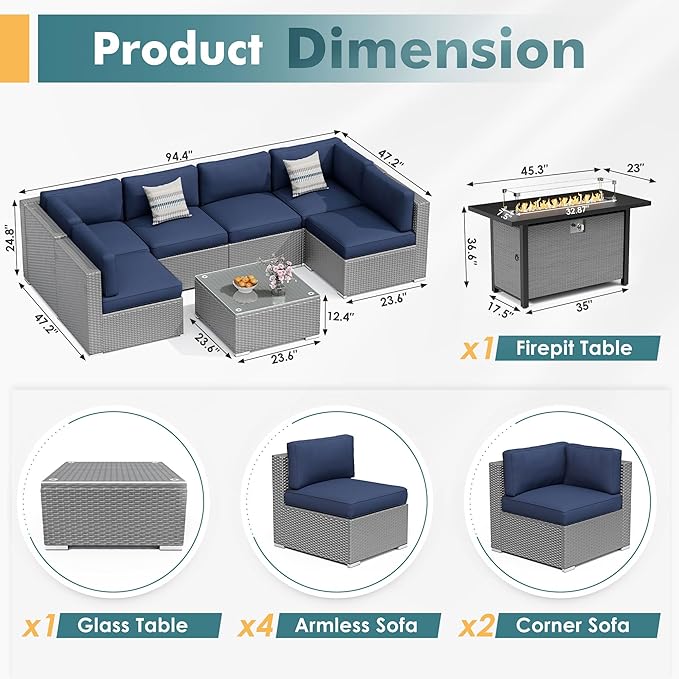 8 Pieces Outdoor Patio Furniture Set with 45” Propane Gas Firepit Table, Grey Wicker Patio Sectional Sofa Set, Outdoor Couch with Cushion and Tempered Glass Table, Dark Blue