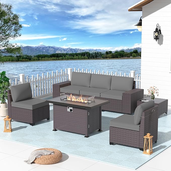 Patio Furniture Set 7 Pieces Outdoor Furniture Patio Conversation Set w/43in Gas Fire Pit,PE Rattan Wicker 7 Pcs Outdoor Sofa Set w/55000 BTU Propane Fire Pit Table,Grey