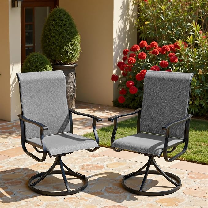 Crownland Outdoor Swivel Dining Chair Set of 2, All Weather 360° Swivel Rocking High Back Model Patio Dining Chairs, Textilene Fabric Wrought Iron Chair Set for Backyard, Lawn, Garden(Grey)