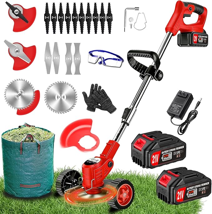 Electric Weed Wacker Cordless Eater Battery Powered 4 in 1 Lightweight Weed Trimmer with 4 Types Blades & Weed Storage Bag, 21V Battery Operated No-String Grass Trimmer for Garden Yard
