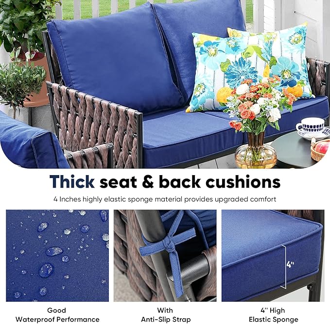 5 Pieces Patio Furniture Set,Outdoor Conversation Set with 2 Round Side Tables,Modern Metal Outdoor Couch with Waterproof Cushions for Backyard,Porch,Navy