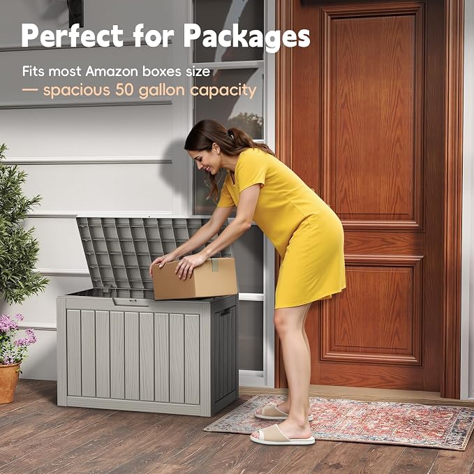 LubanNese Outdoor Storage Box, 50 Gallon Waterproof Resin Deck Box, Storage Bin for Package Delivery, Patio Furniture Cushion, Garden Tools, Pool Accessories, Weatherproof and UV Resistant, Grey