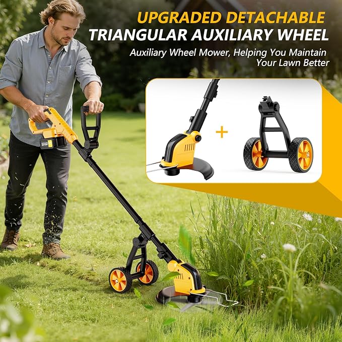 20000RPM Cordless Electric Weed Wacker, 12" Brushless Cordless String Trimmer, 4 in 1 Weed Eater/Brush Cutter/Weed Trimmer with 2*Batteries Powered & Auxiliary Wheels, Grass Trimmer for Yard Care